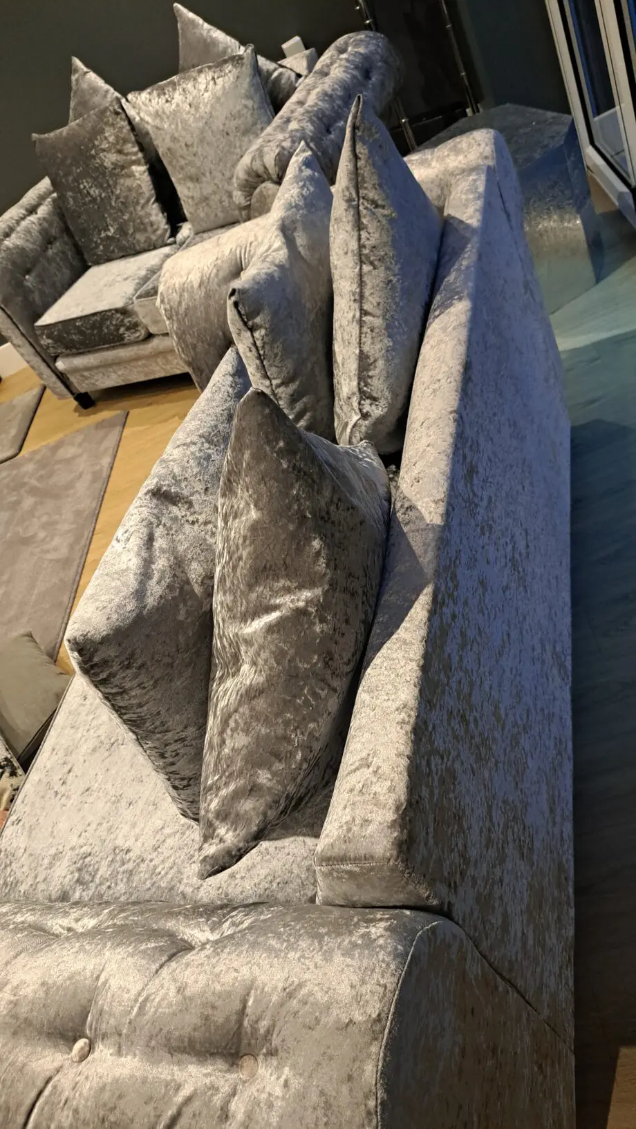 crushed velvet, silver sofas. Bought online.