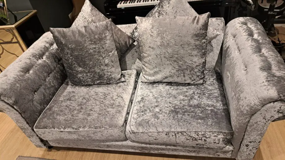 crushed velvet, silver sofas. Bought online.