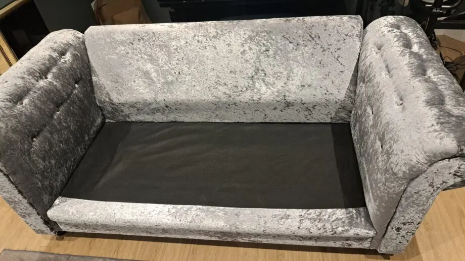 crushed velvet, silver sofas. Bought online.