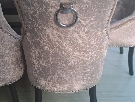 Grey/beige crushed velvet dining room chairs.