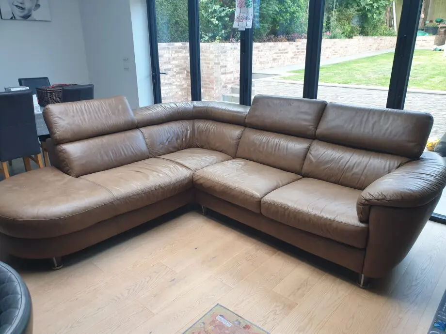 Natuzzi brown, real leather corner sofa.