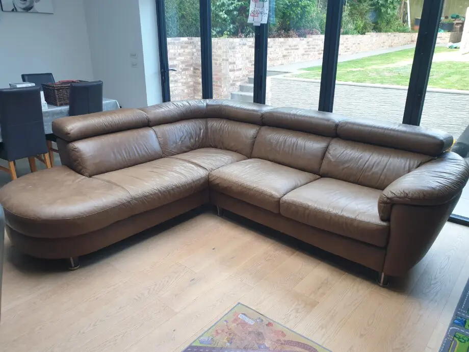 Natuzzi brown, real leather corner sofa.
