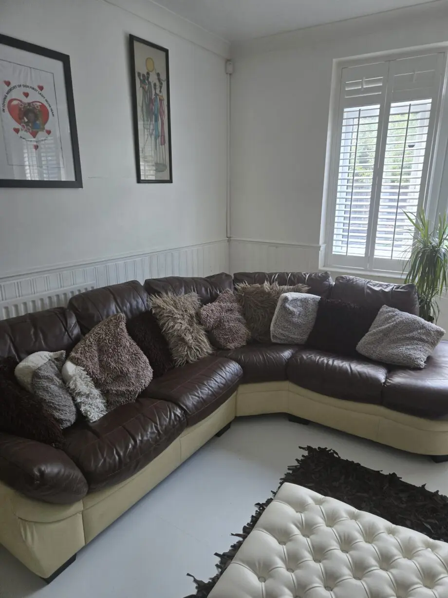 Two tone real brown & beige leather corner sofa