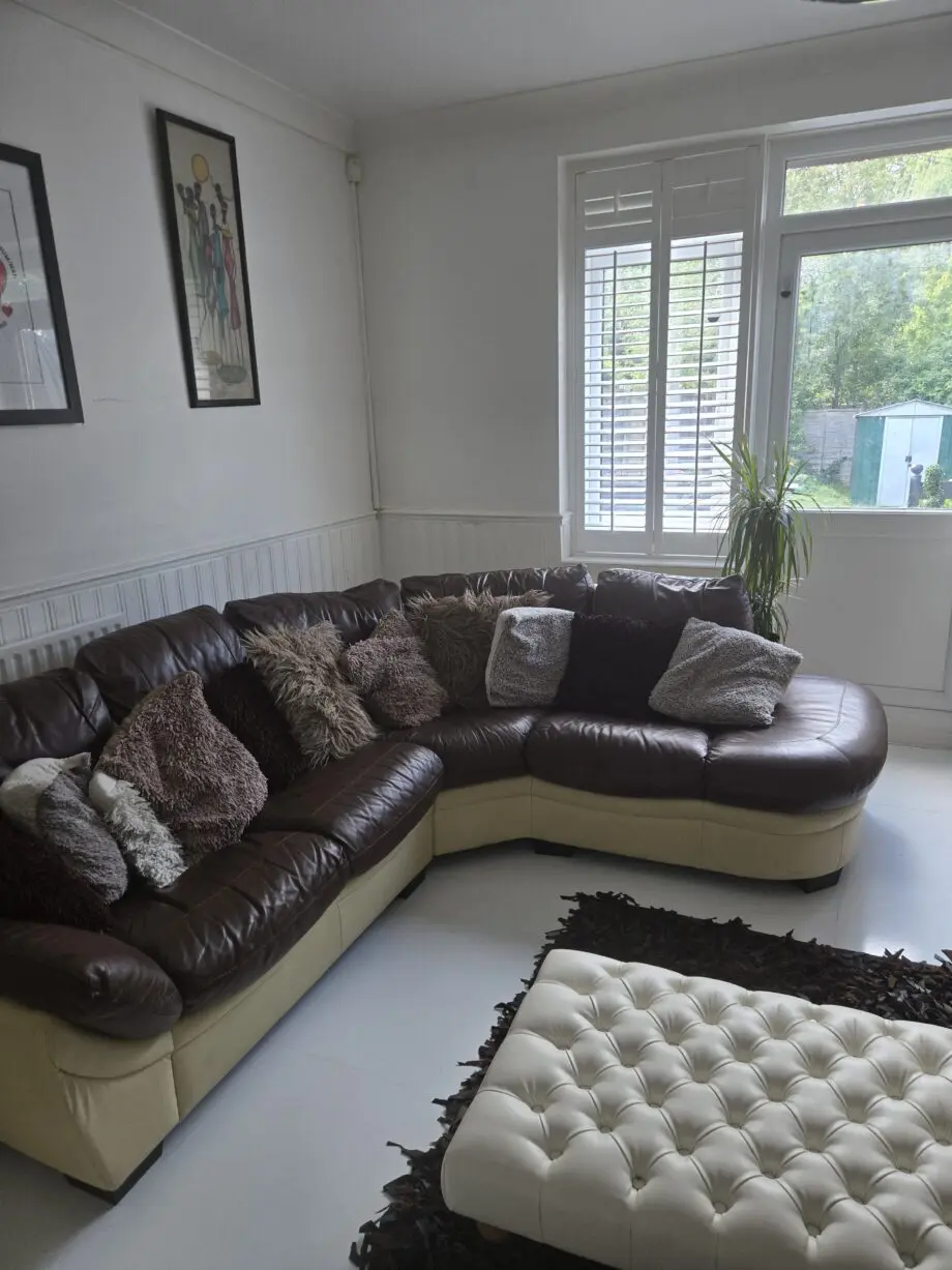 Two tone real brown & beige leather corner sofa