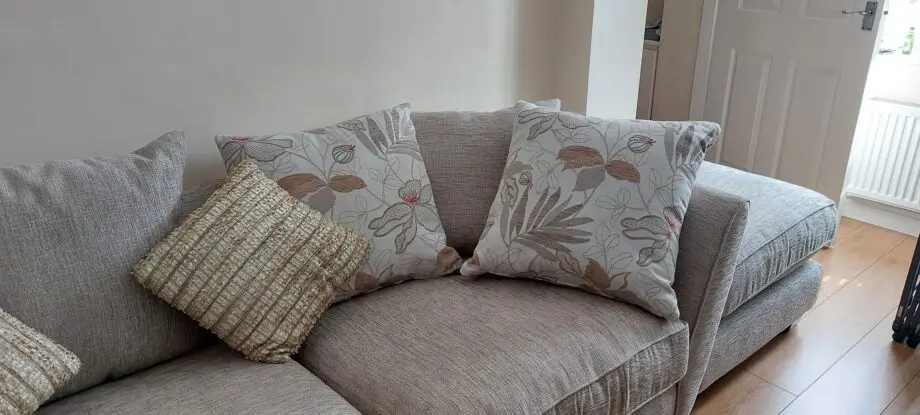 Grange & Woodhouse Corner Sofa with foot stool - Beige cloth with scatter cushions