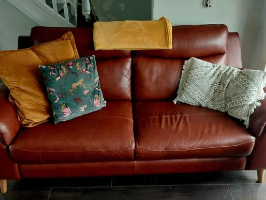 SCS Brodie Montana Toffee Leather Sofa Set – 3 + 2 Seater with Storage Footstool – Immaculate Condition