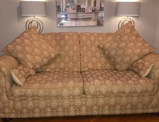 x2 Lawson scroll arm style large 3 seater sofa - Ikat Bokhara style pattern upholstered Gold/beige