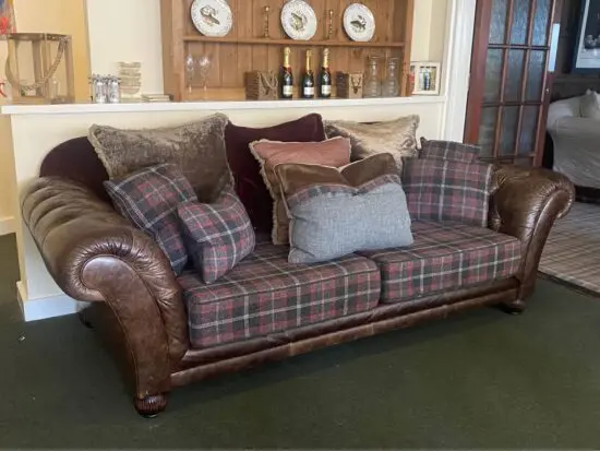 Brown Leather And Harris Tweed Chesterfield 3 Seater Sofa
