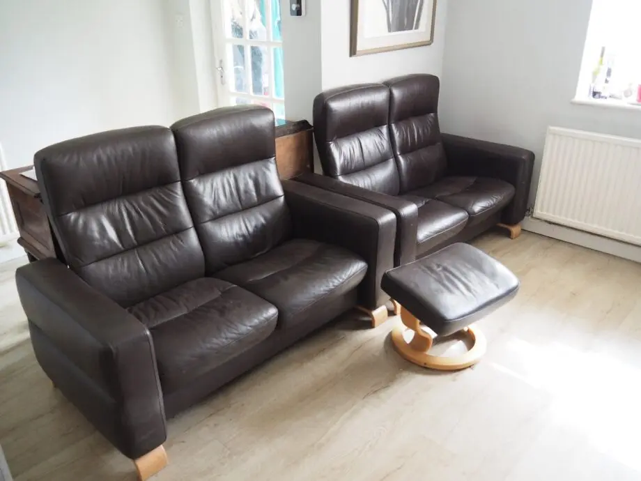 2 Stressless Brown Leather Recliner Sofas with Footstool