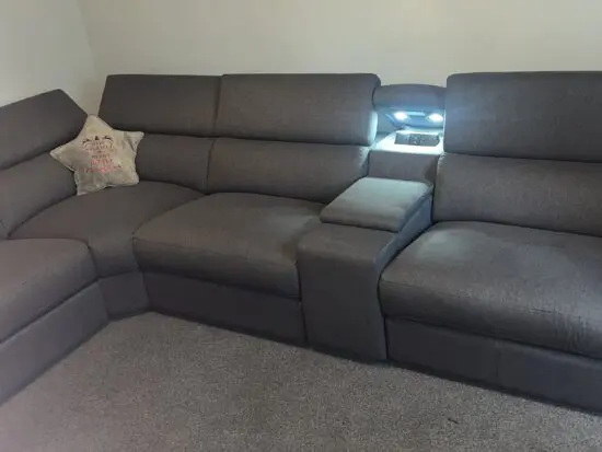 Hike Right Hand Facing Double Electric Recliner with Console & Armrest Storage. Plus adjustable headrests.