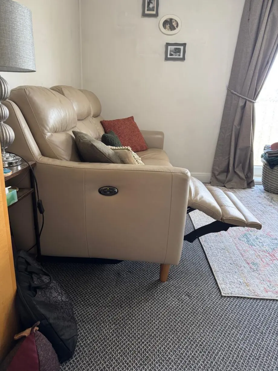 Furniture Village 3 seater biege/cream leather electric recliner
