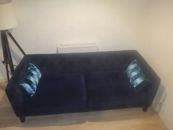 NEXT Velvet 3-Seater Modern Chesterfield Style Sofa Blue with Black Wooden Feet