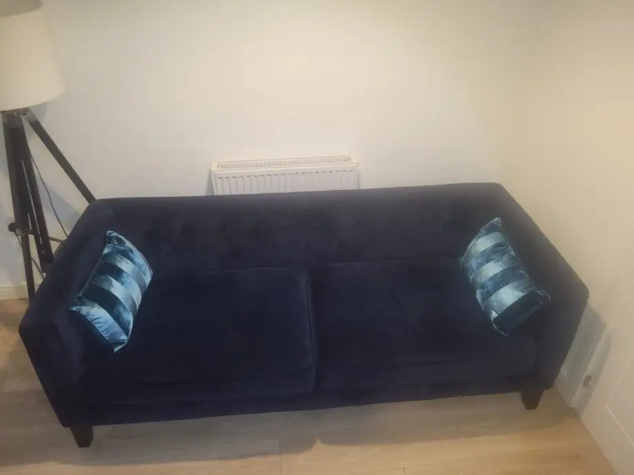 NEXT Velvet 3-Seater Modern Chesterfield Style Sofa Blue with Black Wooden Feet