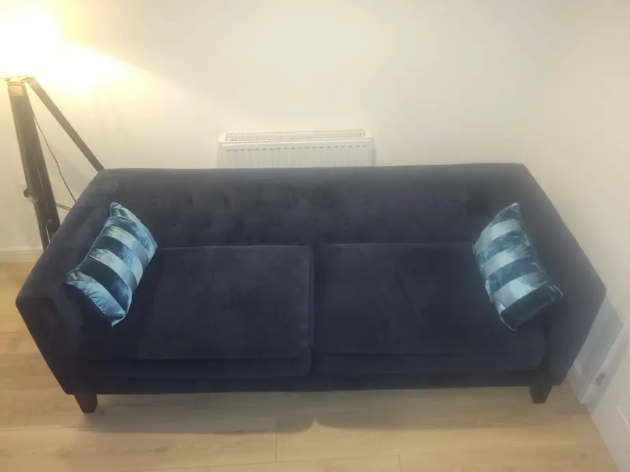 NEXT Velvet 3-Seater Modern Chesterfield Style Sofa Blue with Black Wooden Feet