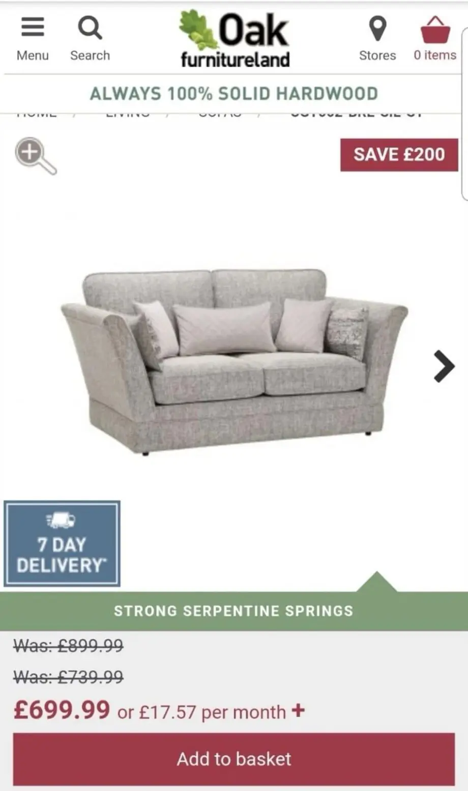 Oak Furniture Land 2 Seater Fabric Sofa Excellent Condition