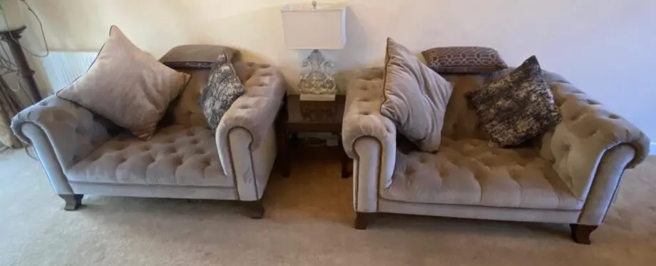 Poonsfords, Alexander and James. Mink velvet fabric sofa and two snuggle chairs.