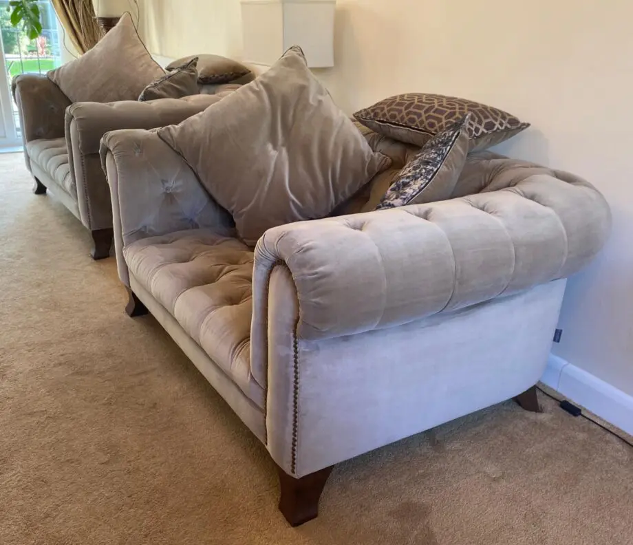 Poonsfords, Alexander and James. Mink velvet fabric sofa and two snuggle chairs.