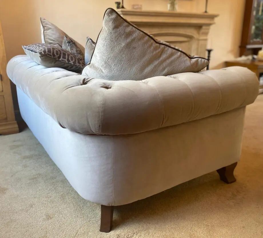 Poonsfords, Alexander and James. Mink velvet fabric sofa and two snuggle chairs.