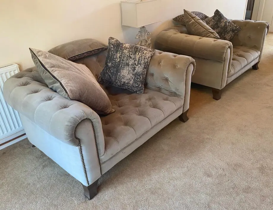 Poonsfords, Alexander and James. Mink velvet fabric sofa and two snuggle chairs.