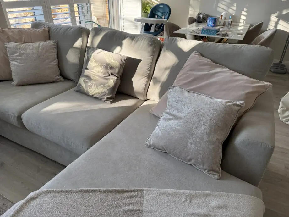 DFS Freya Silver 4-Seater Chaise Foam Sofa | Silver Feet