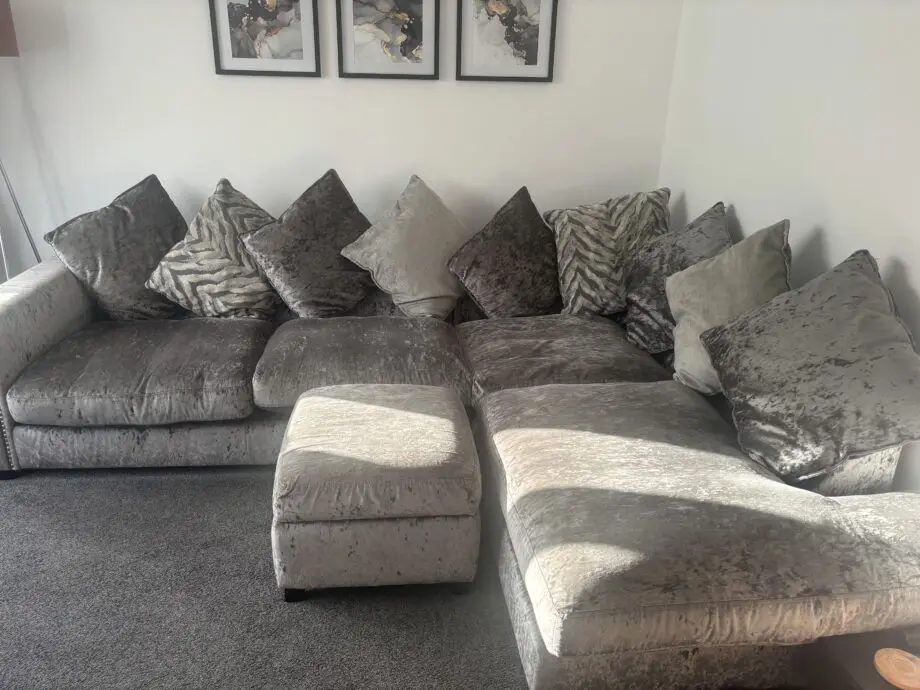 DFS crushed velvet corner sofa with matching ottoman