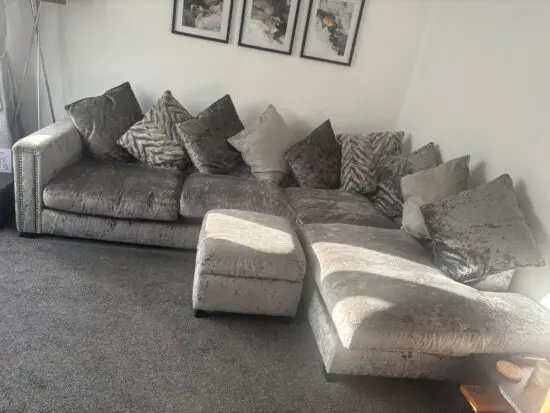 DFS crushed velvet corner sofa with matching ottoman