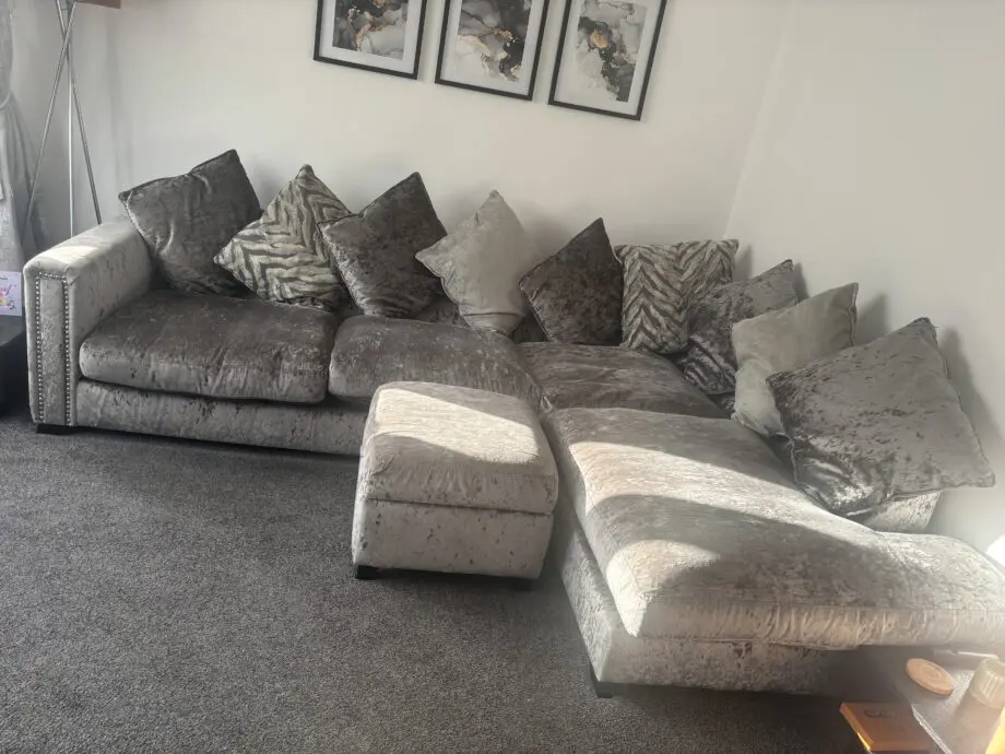 DFS crushed velvet corner sofa with matching ottoman