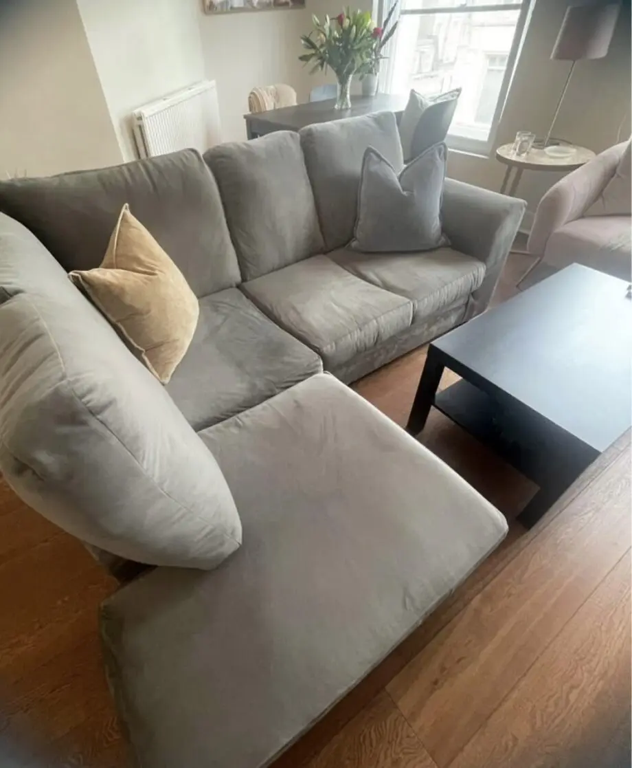 Grey Velvet Right-Hand 3-Seater Corner Sofa – Like New