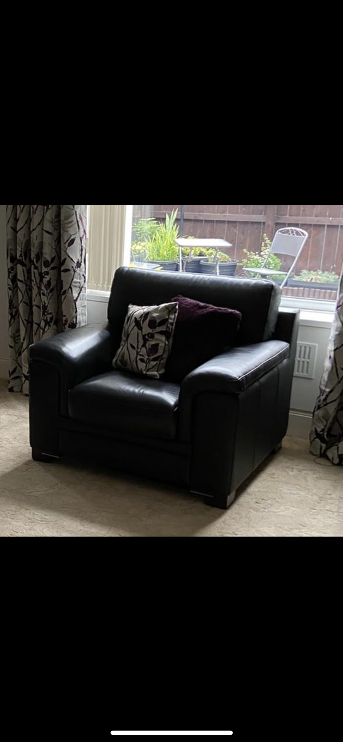 Harvey’s Black Leather Arm Chairs (x2) and Matching Foot Stool - Excellent Condition