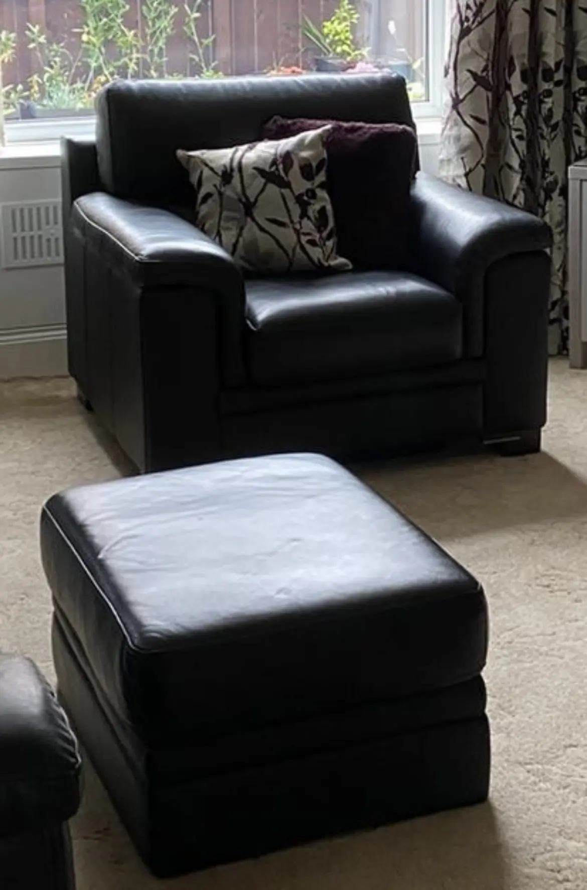 Harvey’s Black Leather Arm Chairs (x2) and Matching Foot Stool - Excellent Condition