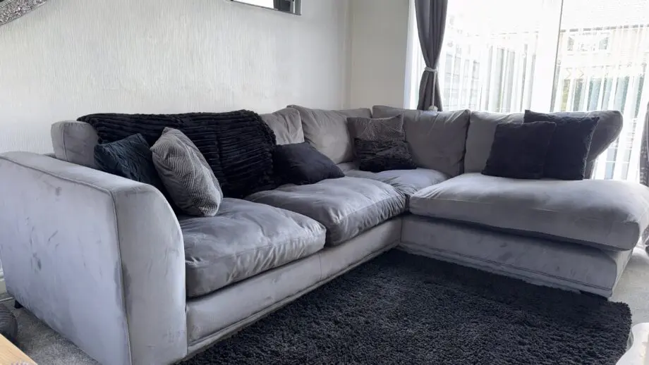 DFS Emelia Left Handed Corner Sofa + Cuddle chair, Grey Plush Velvet