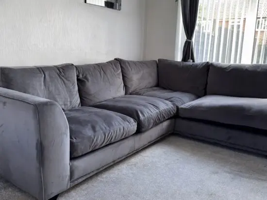 DFS Emelia Left Handed Corner Sofa + Cuddle chair, Grey Plush Velvet