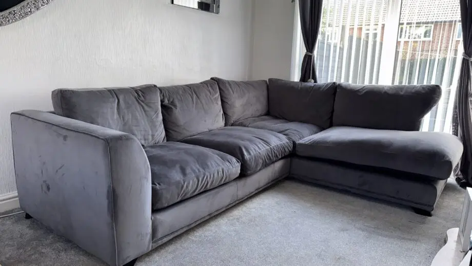DFS Emelia Left Handed Corner Sofa + Cuddle chair, Grey Plush Velvet
