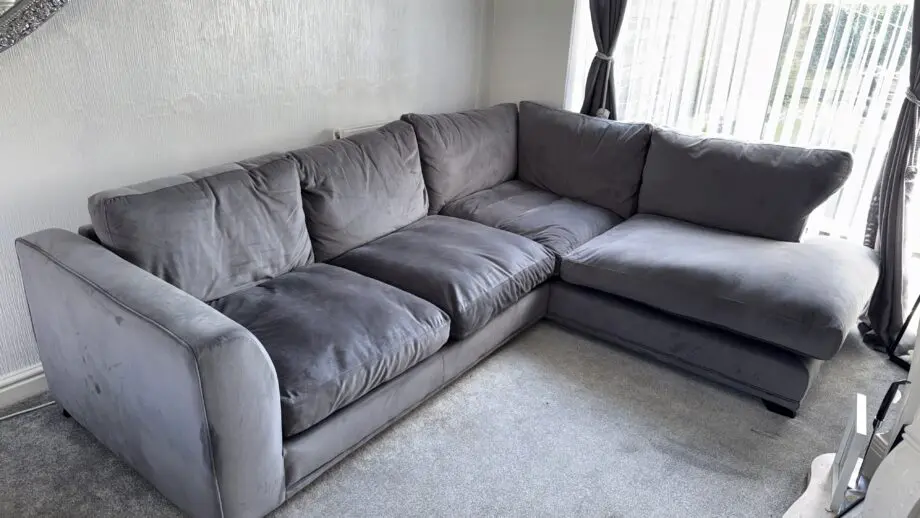 DFS Emelia Left Handed Corner Sofa + Cuddle chair, Grey Plush Velvet