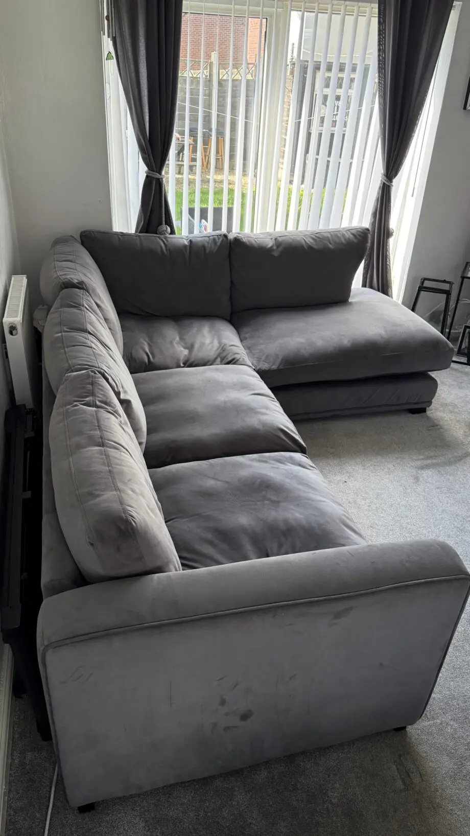 DFS Emelia Left Handed Corner Sofa + Cuddle chair, Grey Plush Velvet