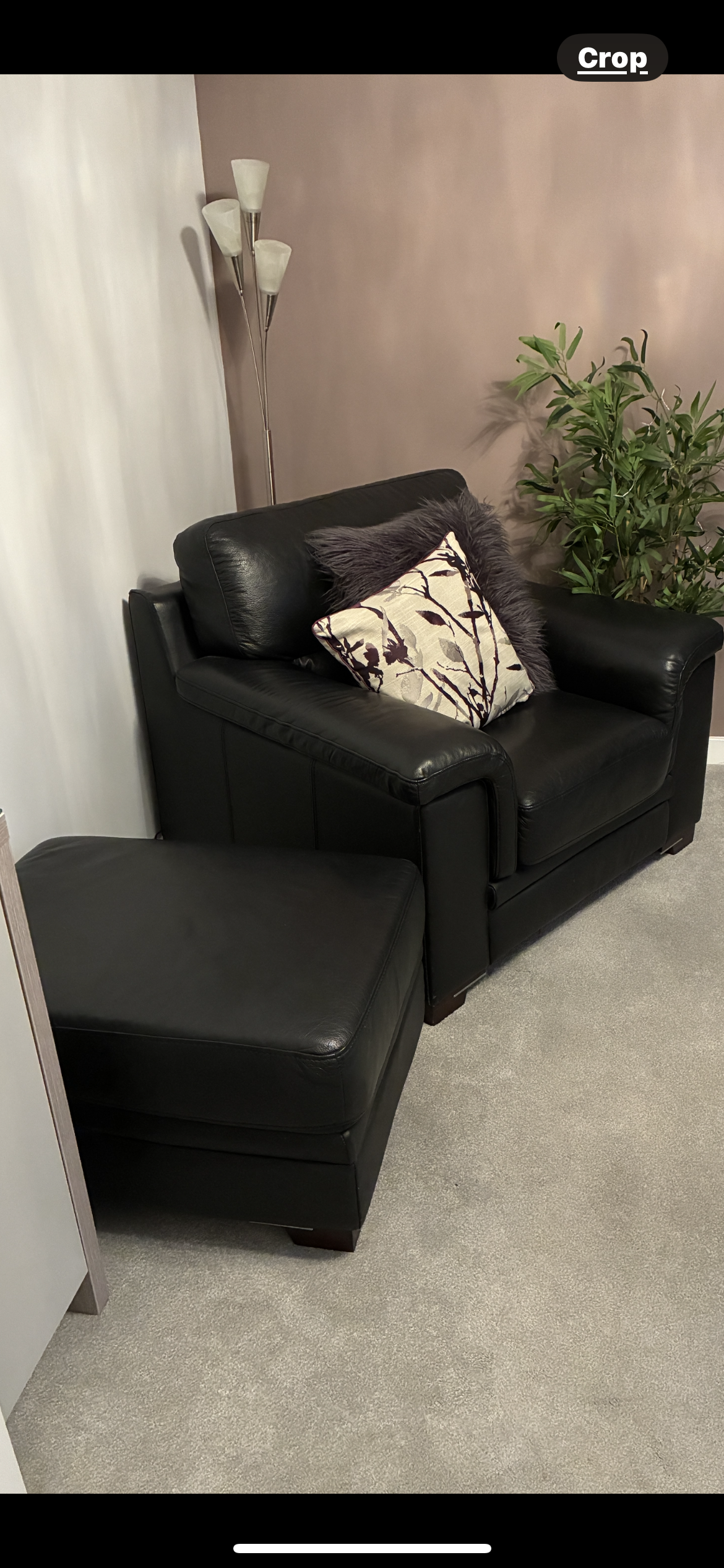 Harvey’s Black Leather Arm Chairs (x2) and Matching Foot Stool - Excellent Condition