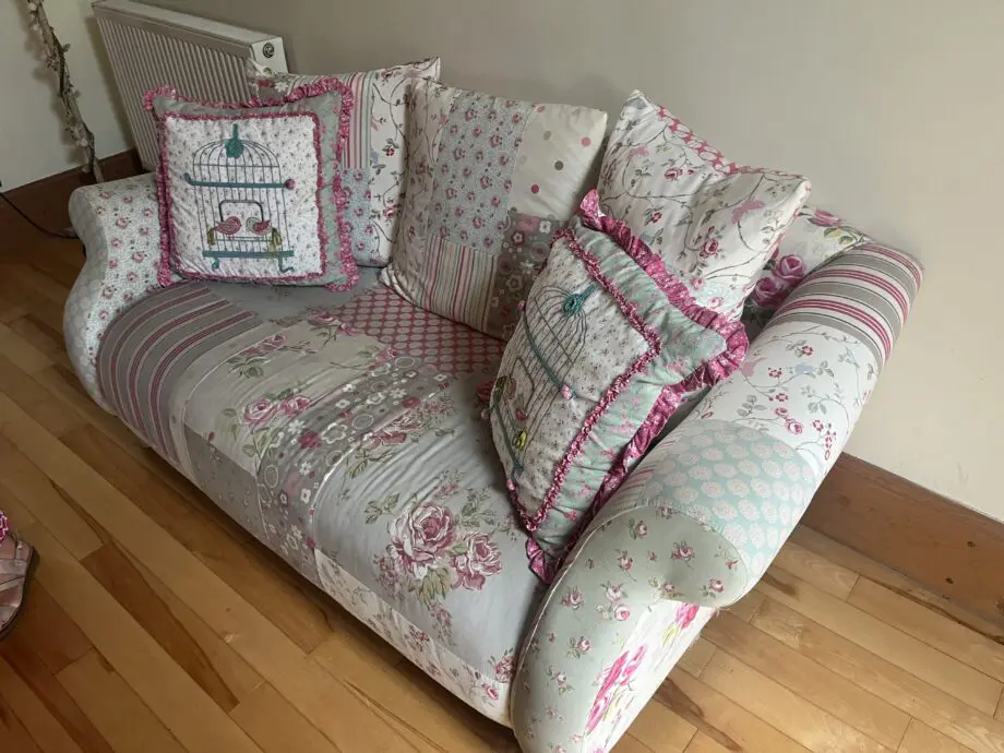 Patch work floral pink, blue, cream 2 seater dfs sofa