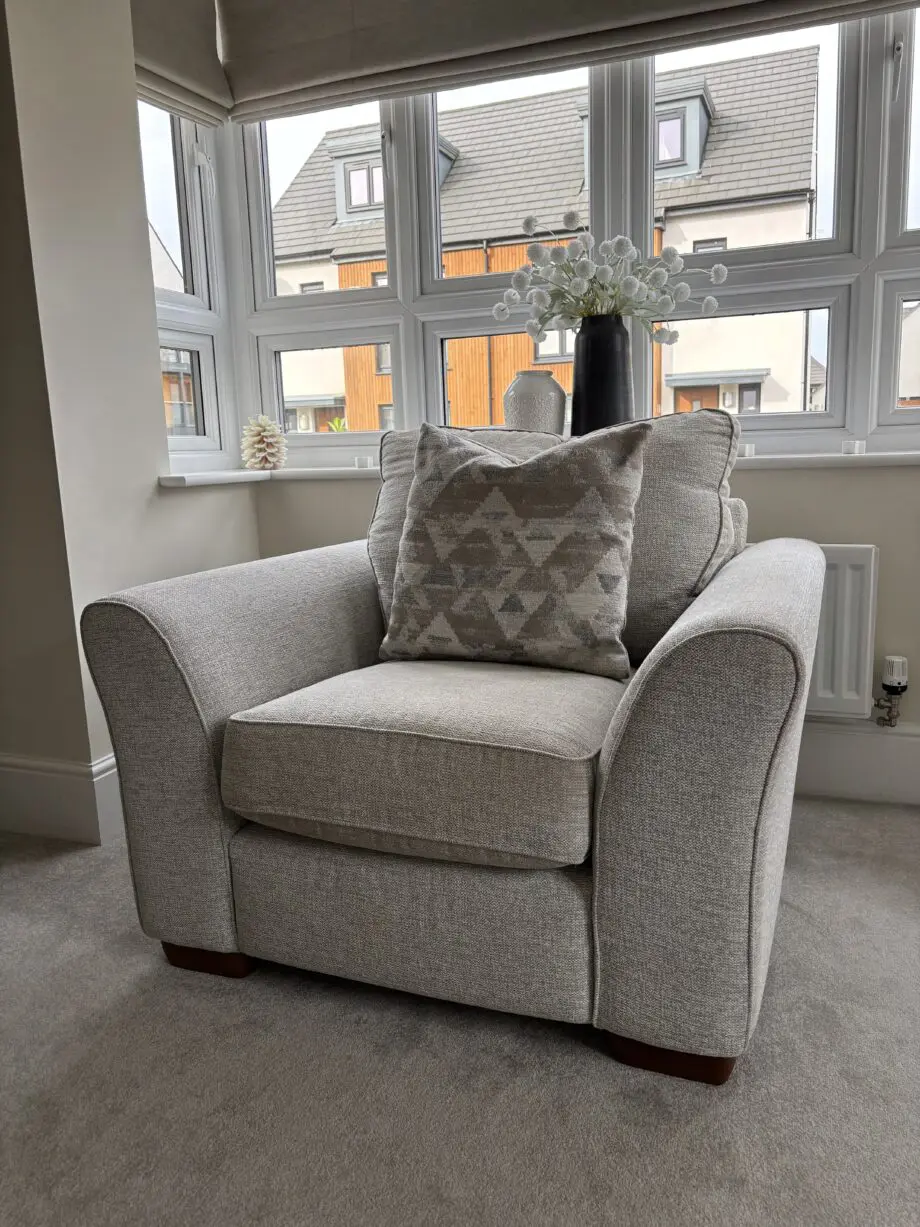 Ashwood, Olssen- Light Grey, Corner Sofa, Armchair and Footstool with scatter cushions