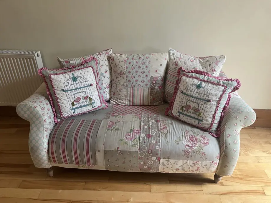 Patch work floral pink, blue, cream 2 seater dfs sofa