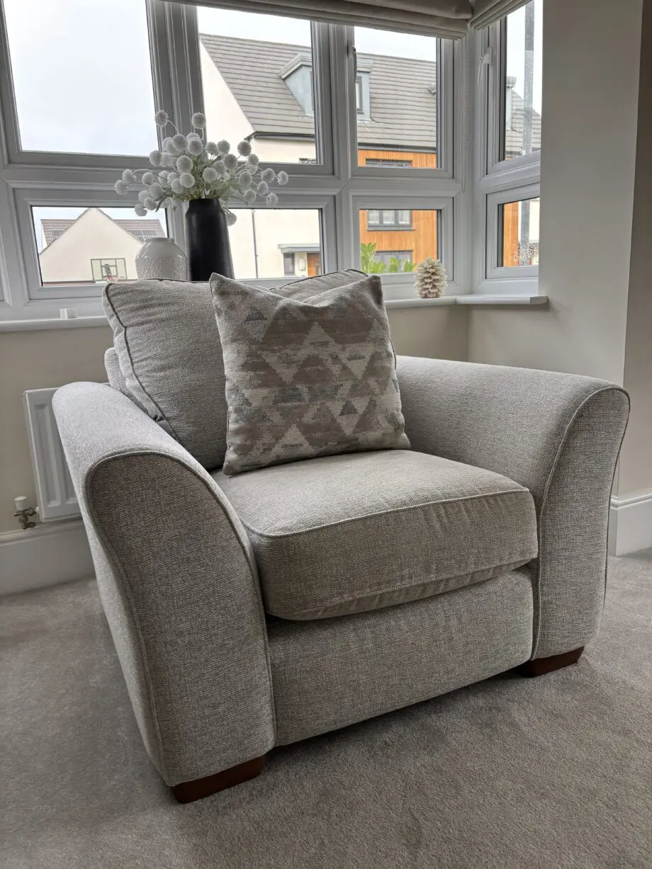 Ashwood, Olssen- Light Grey, Corner Sofa, Armchair and Footstool with scatter cushions