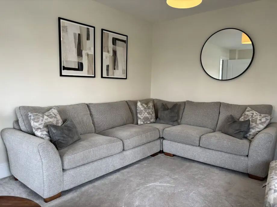 Ashwood, Olssen- Light Grey, Corner Sofa, Armchair and Footstool with scatter cushions