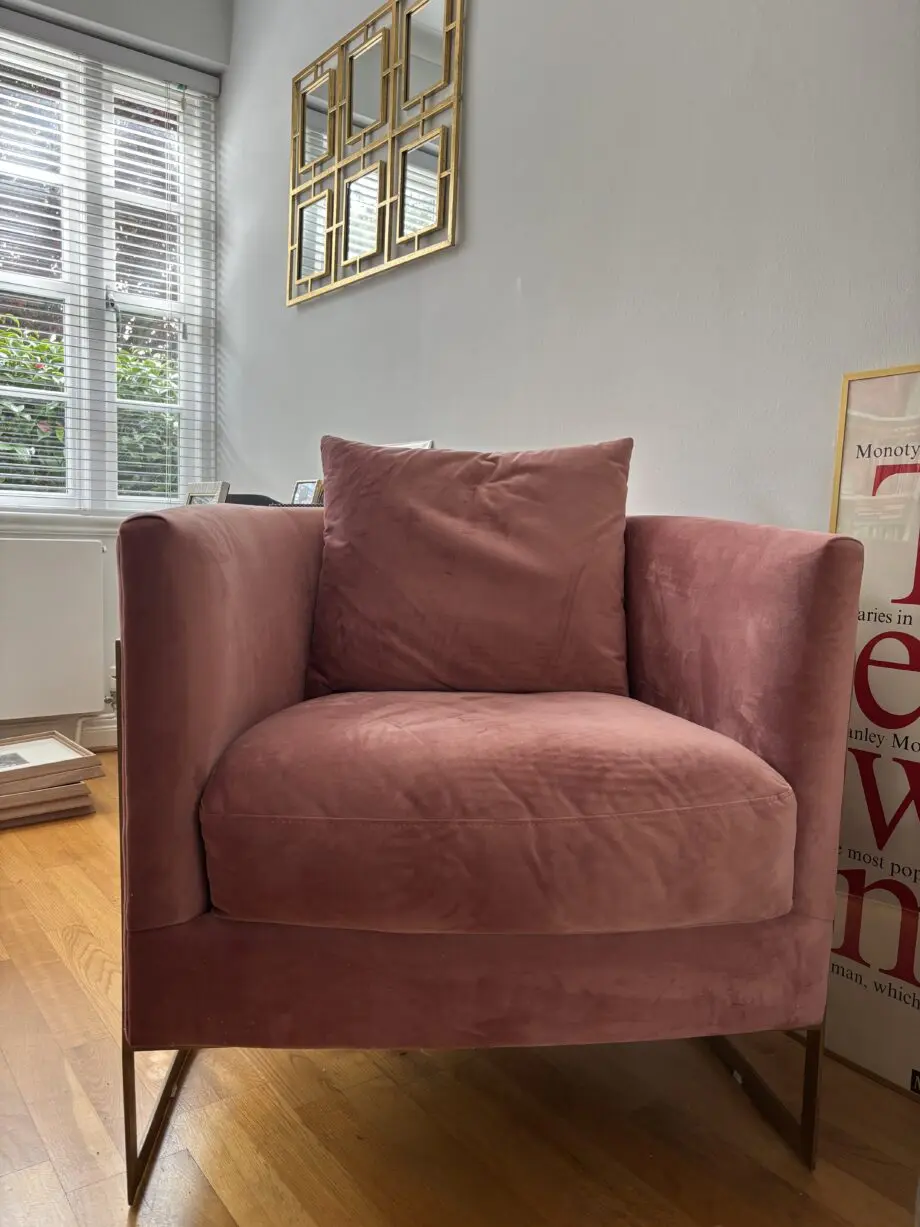 Two Pink Velvet love seats / tub chairs (Cult Furniture)