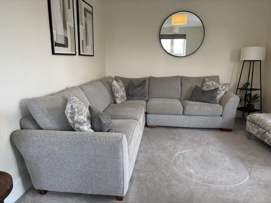 Ashwood, Olssen- Light Grey, Corner Sofa, Armchair and Footstool with scatter cushions