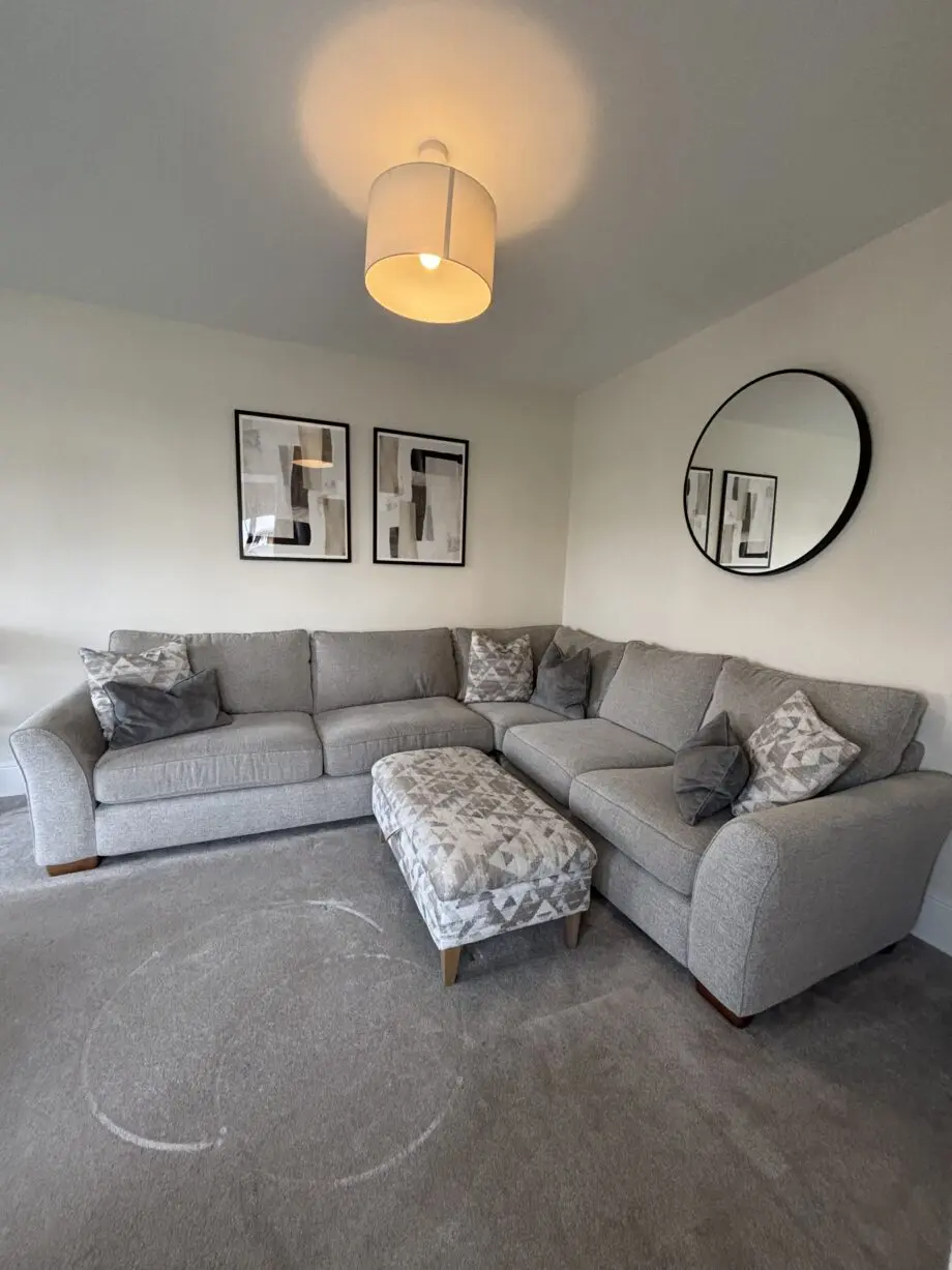 Ashwood, Olssen- Light Grey, Corner Sofa, Armchair and Footstool with scatter cushions