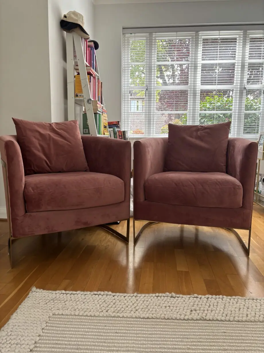 Two Pink Velvet love seats / tub chairs (Cult Furniture)