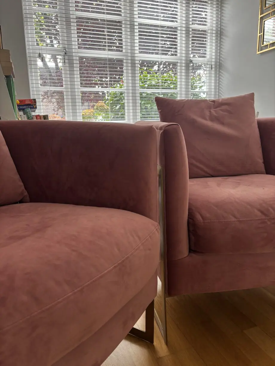 Two Pink Velvet love seats / tub chairs (Cult Furniture)