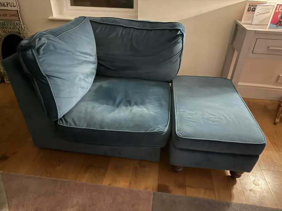 DFS TEAL VELOUR LARGE 2 SEATER SOFA. WITH CORNER ARMCHAIR SND POUFFE