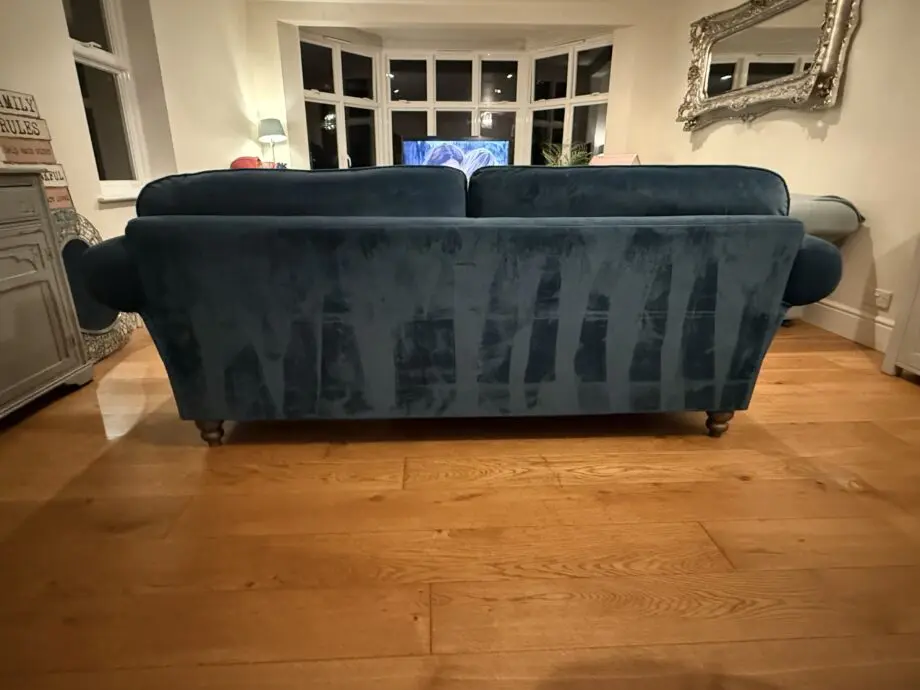 DFS TEAL VELOUR LARGE 2 SEATER SOFA. WITH CORNER ARMCHAIR SND POUFFE