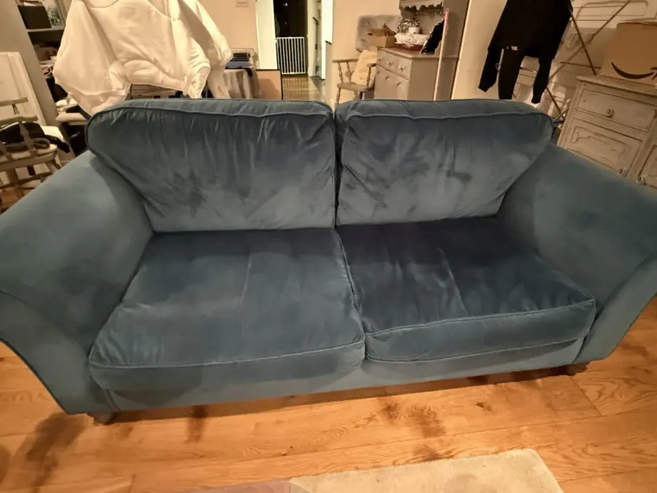 DFS TEAL VELOUR LARGE 2 SEATER SOFA. WITH CORNER ARMCHAIR SND POUFFE
