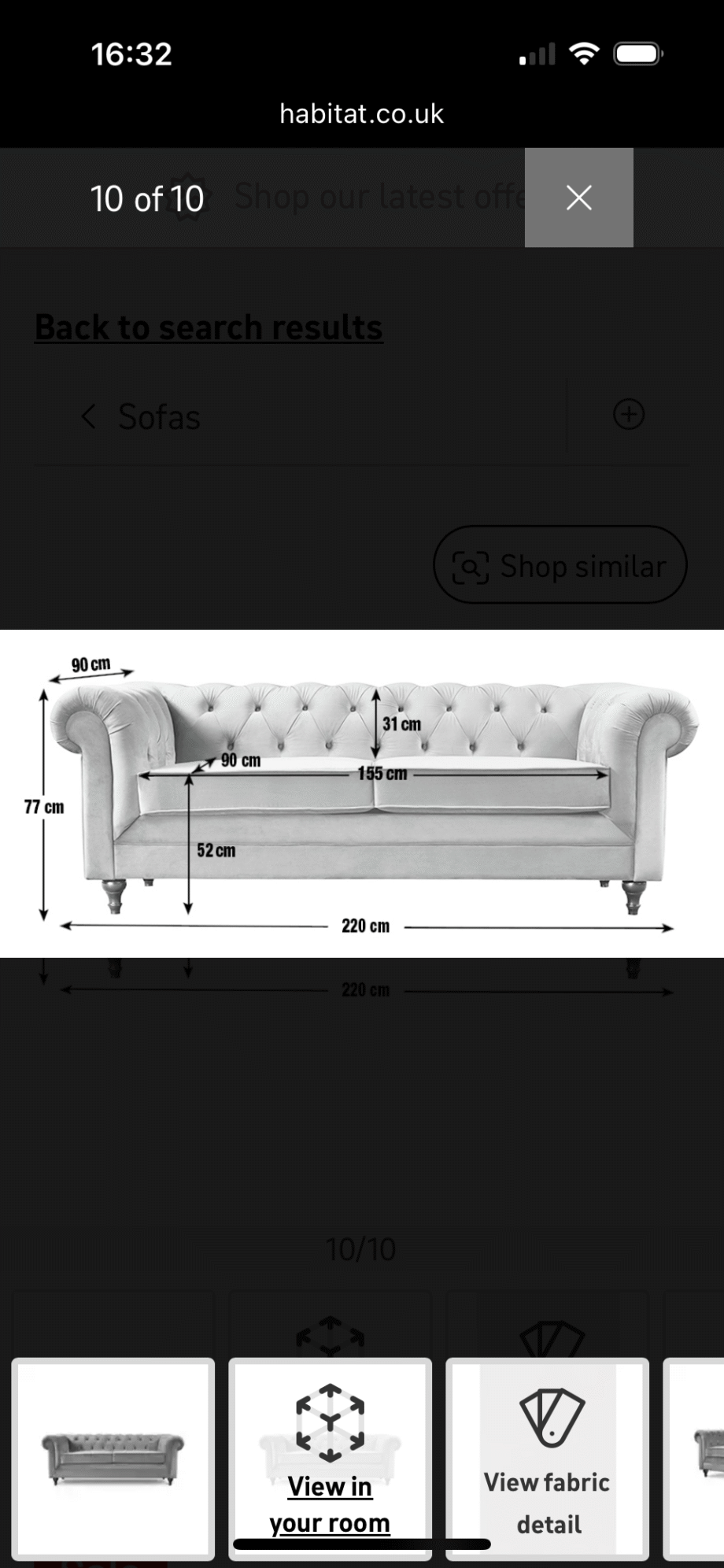 Habitat Light Grey Chesterfield 3 Seater Sofa